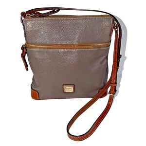 Dooney & Bourke Gray Brown Pebbled Leather Letter Carrier Bag Crossbody Purse
